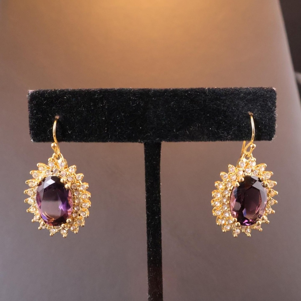 Sterling Silver Gold Plated 925 Amethyst Glass Cubic Zirconia Hook Earrings